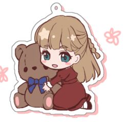  blue_bow blue_ribbon blush_stickers bow chibi commentary_request dress female full_body gundam gundam_wing juliet_sleeves light_brown_hair long_hair long_sleeves open_mouth puffy_sleeves red_dress rei_(usabiba) relena_peacecraft ribbon socks solo stuffed_animal stuffed_toy teddy_bear white_socks 