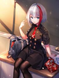  absurdres admiral_graf_spee_(azur_lane) admiral_graf_spee_(girl&#039;s_sunday)_(azur_lane) agibe azur_lane bag black_dress black_pantyhose blue_eyes bookbag breasts bugles_(food) bugles_on_fingers buttons chalkboard character_doll classroom commentary day desk deutschland_(azur_lane) double-breasted dress eyelashes female food_on_hand grey_hair highres indoors looking_at_viewer medal medium_breasts multicolored_hair necktie official_alternate_costume on_desk pantyhose parted_lips red_hair red_necktie short_hair short_necktie short_sleeves sitting snack solo streaked_hair sunlight two-tone_hair wing_collar 