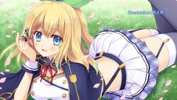  :d alzano_school_uniform artist_name ass blonde_hair blue_capelet blue_eyes blush breasts capelet choker commentary_request crop_top end_card female garter_straps grass green_ribbons hair_ornament highres looking_at_viewer lying medium_breasts medium_hair midriff miniskirt neck_ribbon nishimata_aoi official_art on_grass on_ground on_stomach open_mouth petals pleated_skirt red_ribbon ribbon rokudenashi_majutsu_koushi_to_akashic_record ruffling_hair rumia_tingel school_uniform skirt smile solo suspender_skirt suspenders thighhighs thighs white_skirt x_hair_ornament zettai_ryouiki 