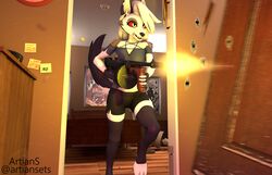  3_toes 3d_(artwork) ammunition anthro artians barefoot bed blitzo_(helluva_boss) bottomwear bullet bullet_casing bullet_hole canid canid_demon canine cellphone clothed clothing demon detailed_background digital_media_(artwork) door doorway electronics feet female fingerless_gloves frown fur furniture gloves gun hair handwear hellhound helluva_boss hi_res horn imp inside inverted_pentagram lamp legwear loona_(aeridiccore) loona_(helluva_boss) mammal multicolored_body multicolored_fur muzzle_flash mythological_canine mythological_creature mythology notched_ear occult_symbol painting paws pentagram phone post-it_note poster ranged_weapon red_body red_sclera rope shirt shooting shorts smartphone solo source_filmmaker_(artwork) stockings symbol teeth toes topwear torn_clothing weapon white_body white_eyes white_fur white_hair yellow_sclera 