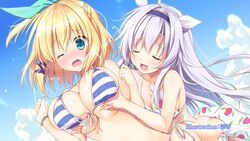  2girls ;o ahoge aqua_eyes arched_back artist_name bare_arms bare_shoulders bead_bracelet beads bikini blonde_hair blue_bikini blue_sky blush bracelet breasts cleavage closed_eyes cloud collarbone commentary_request day deep_skin end_card front-tie_bikini_top front-tie_top grabbing grabbing_another&#039;s_breast grabbing_from_behind groin groping hair_intakes hair_ornament hair_ribbon hairband half_updo hands_up highres jewelry large_breasts long_hair medium_breasts multiple_girls navel nose_blush official_art one_eye_closed open_mouth outdoors ribbon rokudenashi_majutsu_koushi_to_akashic_record rumia_tingel ryouka_(suzuya) sarong shiny_skin short_hair side-tie_bikini_bottom sistine_fibel sky strap_gap striped_bikini striped_clothes surprised swimsuit wavy_mouth white_bikini white_hair x_hair_ornament yuri 