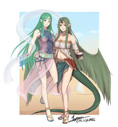  2girls alternate_costume beach bikini blue_sky breasts casual_one-piece_swimsuit cm_lynarc collarbone dragon_tail english_commentary fire_emblem fire_emblem_awakening fire_emblem_echoes:_shadows_of_valentia full_body green_eyes green_hair highres looking_at_viewer mila_(fire_emblem) multiple_girls naga_(fire_emblem) navel one-piece_swimsuit pointy_ears sandals see-through see-through_shawl shawl sky stomach swimsuit tail 