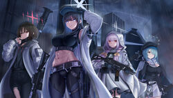  4girls abs absurdres arius_squad_(blue_archive) arm_up armband assault_rifle atsuko_(blue_archive) bandaged_neck bandages bare_shoulders baseball_cap belt belt_pouch black_belt black_gloves black_hair black_headwear black_hoodie black_mask black_pants black_shirt black_sweater black_thighhighs blue_archive blue_eyes bow braid breasts buckle building bulletproof_vest cabbie_hat cape chest_harness closed_mouth coat commentary_request cowboy_shot crop_top cross-laced_clothes cross-laced_sleeves cz_scorpion_evo_3 dress ear_piercing fim-92_stinger garter_straps gloves green_eyes green_hair groin gun hair_ornament hair_over_one_eye hairbow hairclip halo harness harold_japan hat highres hiyori_(blue_archive) holding holding_gun holding_weapon holster hood hood_down hood_up hooded_coat hoodie jacket knife knife_sheath large_breasts long_hair long_sleeves low_twin_braids mask mask_pull midriff misaki_(blue_archive) mouth_mask multiple_girls navel no_mask outdoors pants parted_lips piercing pink_hair pouch rain red_eyes rifle rocket_launcher saori_(blue_archive) scarf scope sheath shirt short_hair side_ponytail sidelocks sig_516 sig_sauer skirt skyscraper sleeveless sleeveless_shirt smile snap-fit_buckle standing stomach submachine_gun surgical_mask sweater thigh_holster thighhighs torn_clothes torn_pants trigger_discipline twin_braids underbust weapon weapon_case white_cape white_coat white_dress white_scarf white_skirt 