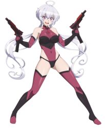  absurdres ahoge bare_shoulders blush breasts chuunioniika collarbone covered_navel female full_body grey_hair gun highres ignite_module large_breasts leotard long_hair looking_at_viewer open_mouth purple_eyes senki_zesshou_symphogear simple_background smile solo standing thighhighs transparent_background twintails weapon yukine_chris 