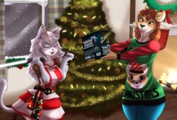  absurd_res anthro breasts cheetah christmas christmas_clothing christmas_tree clothed clothing digital_media_(artwork) domestic_cat duo felid feline felis female hi_res holidays inside mammal mia_amaya plant shaded skylosminkan tree 