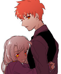  1boy bananachoco collared_shirt emiya_shirou fate/stay_night fate_(series) female hug illyasviel_von_einzbern looking_at_viewer orange_hair red_eyes shirt sideways_glance simple_background smile upper_body vest what_if white_background white_hair 