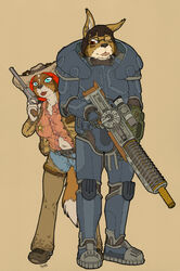  2021 anthro armor biped black_hair blue_eyes boots breasts brown_body brown_eyes canid canine canis claws clothed clothing collie constance_jotkowska_(coyotek) countershade_face countershade_torso countershading cowboy_hat cowboy_outfit coyote coyotek dipstick_tail domestic_dog duo ear_piercing ear_ring ear_tuft eyebrow_piercing eyebrows facial_markings facial_piercing fallout female floppy_ears footwear forehead_markings furgonomic_headwear furgonomics gauss_rifle gun hair handgun hat head_markings headgear headwear herding_dog hi_res holding_gun holding_handgun holding_object holding_ranged_weapon holding_revolver holding_weapon ksi_(coyotek) looking_at_another looking_at_viewer machine mammal markings microsoft multicolored_body navel nose_piercing nose_ring one_eye_closed pastoral_dog piercing pose power_armor ranged_weapon red_hair revolver ring_piercing sheepdog sheriff_badge shirt simple_background standing tail tail_markings topwear tuft two_tone_body weapon white_body 