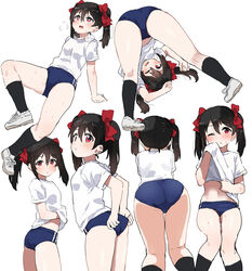  all_fours ass black_hair black_socks blue_buruma buruma clothes_lift commentary_request cowboy_shot exercising feet_out_of_frame female full_body gym_shirt gym_uniform highres kurokawa_makoto long_hair looking_at_viewer love_live! love_live!_school_idol_project multiple_views red_eyes shirt shirt_lift shoes sitting sneakers socks t-shirt twintails white_background white_footwear white_shirt yazawa_nico 