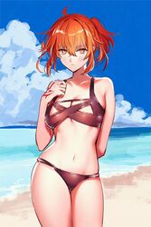  alternate_costume arm_behind_back beach bikini black_bikini blue_sky breasts closed_mouth cloud collarbone command_spell commentary cowboy_shot embarrassed fate/grand_order fate_(series) female fujimaru_ritsuka_(female) hand_up highres light_blush looking_at_viewer medium_breasts medium_hair multi-strapped_bikini multi-strapped_bikini_bottom navel no_hair_ornament ocean orange_eyes orange_hair outdoors shiny_swimsuit side_ponytail sketch_background sky solo swimsuit uni_(nico02) 