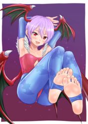  alternate_legwear animal_print armpits arms_up barefoot bat_print bat_wings blue_leggings blush bridal_gauntlets collarbone diamond_cutout feet female flat_chest floating foot_focus foreshortening full_body hair_between_eyes head_wings highres hinosaki jewelry leggings leotard lilith_aensland looking_at_viewer no_shoes open_mouth print_leggings purple_hair red_eyes red_leotard ring short_hair smile soles solo stirrup_legwear toeless_legwear toes vampire_(game) wings 