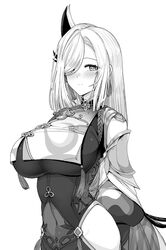  belly blush breast_curtain breasts clothing_cutout eyelashes female genshin_impact greyscale hair_between_eyes hair_ornament hair_over_one_eye highres huge_breasts long_hair monochrome navel shenhe_(genshin_impact) solo thigh_cutout tied_hair upanishi_mariko white_background 