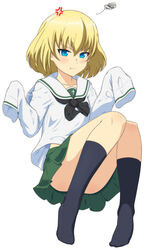  ada_badguy anger_vein angry black_bow blonde_hair blue_eyes blush bow closed_mouth female formal girls_und_panzer green_skirt highres katyusha_(girls_und_panzer) ooarai_school_uniform oversized_clothes school_uniform short_hair skirt socks solo suit white_background white_suit 