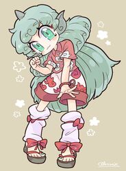  :3 bow brown_background closed_mouth cloud_print collared_shirt commentary female full_body green_eyes green_hair green_nails harunori_(hrnrx) highres horns kariyushi_shirt komainu komano_aunn long_hair looking_at_viewer mole mole_under_eye red_bow red_shirt sandals shirt short_sleeves shorts signature single_horn smile solo touhou white_shorts zouri 