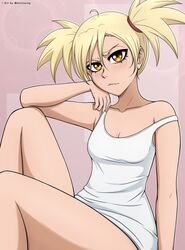  absurdres bleach blonde_hair blush breasts brown_eyes cleavage closed_mouth collarbone female freckles head_rest highres looking_at_viewer mistowing oerba_yun_fang sarugaki_hiyori shiny_skin shirt short_hair simple_background sleeveless sleeveless_shirt small_breasts solo twintails white_shirt 