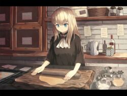  ascot bad_id bad_pixiv_id baking baking_sheet black_shirt blonde_hair blue_eyes bottle bowl brick_wall brooch commentary_request cookie_cutter counter dough expressionless female highres jewelry kitchen letterboxed long_hair looking_down ookashippo original paper pepper_shaker rolling_pin salt_shaker shelf shirt sleeves_past_elbows solo standing teapot upper_body very_long_hair white_ascot wine_bottle 