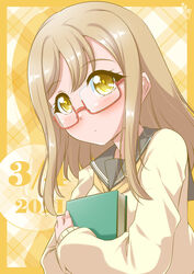  absurdres birthday blush book brown_hair bunji cardigan commentary dated female glasses highres holding holding_book hugging_book hugging_object kunikida_hanamaru long_hair looking_at_viewer love_live! love_live!_sunshine!! red-framed_eyewear school_uniform semi-rimless_eyewear sidelocks signature solo under-rim_eyewear upper_body uranohoshi_school_uniform yellow_background yellow_cardigan 