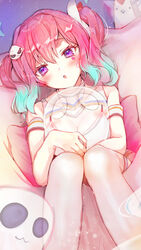  :o blue_hair blush breasts collared_shirt commentary dutch_angle facial_mark female hair_between_eyes highres hugging_object looking_at_viewer lumilive medium_breasts multicolored_hair parted_lips pillow pink_hair purple_eyes reiyu_guigui shirt sidelocks sitting sleeveless sleeveless_shirt solo symbol-only_commentary thighhighs tomozero transparent twintails two-tone_hair virtual_youtuber white_shirt white_thighhighs 