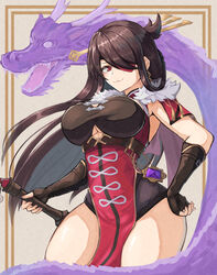  :3 beidou_(genshin_impact) breasts brown_hair capelet chinese_clothes clothing_cutout colored_eyepatch commentary dragon eyepatch female fingerless_gloves genshin_impact gloves hair_ornament hair_over_one_eye hair_stick hairpin hand_on_own_hip highres holding holding_weapon large_breasts long_hair moppo one_eye_covered pelvic_curtain red_capelet red_eyes solo standing thick_thighs thighs underboob underboob_cutout weapon 