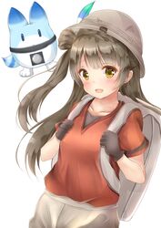  :d absurdres backpack bag brown_hair commentary_request crossover female highres inahori kaban_(kemono_friends) kemono_friends long_hair looking_at_viewer love_live! love_live!_school_idol_project lucky_beast_(kemono_friends) minami_kotori one_side_up open_mouth single_hair_ring smile uchida_aya voice_actor_connection yellow_eyes 