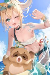  :d adapted_costume aqua_eyes bare_arms bare_shoulders bikini bikini_under_clothes black_choker blonde_hair blue_sky blush bow breasts chest_sarashi choker cleavage cloud cowboy_shot crossed_bangs day denim denim_shorts dutch_angle eyewear_on_head female hair_ribbon highres hololive innertube kazama_iroha kazama_iroha_(1st_costume) leaning_forward looking_at_viewer medium_hair micro_shorts ocean one_eye_closed open_fly open_mouth outdoors pokobee ponytail ribbon round_eyewear sable_mint sarashi shorts single_strap sky small_breasts smile solo splashing swim_ring swimsuit tanuki teeth tinted_eyewear upper_teeth_only virtual_youtuber wading water_drop wet wristband 