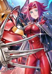  amasaki_yusuke blue_eyes bodysuit breasts code_geass commentary_request cropped_jacket female grey_jacket guren_(code_geass) guren_mk-ii headband jacket knightmare_frame kouzuki_kallen looking_at_viewer mecha medium_breasts open_hand parted_bangs pilot_suit red_bodysuit red_hair red_headband robot science_fiction short_hair signature smirk standing 