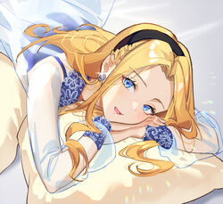  bed_sheet black_headband blonde_hair blue_eyes chibi_vanille commentary dress earrings english_commentary female floral_print forehead gown headband jewelry league_of_legends long_hair looking_at_viewer lux_(league_of_legends) lying on_stomach own_hands_together pillow rainbow_gradient see-through see-through_sleeves solo sparkle 