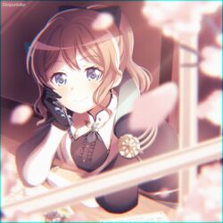  absurdres artist_name bang_dream! black_gloves black_ribbon blue_eyes blurry blurry_foreground brown_hair center_frills closed_mouth cosplay cross cross_earrings despuntater earrings english_commentary female frills from_outside genshin_impact gloves hair_between_eyes hair_ribbon head_rest highres jean_(genshin_impact) jean_(genshin_impact)_(cosplay) jean_(gunnhildr&#039;s_legacy)_(genshin_impact) jewelry long_hair looking_at_viewer looking_outside ponytail ribbon sidelocks sitting smile solo upper_body window yamabuki_saya 