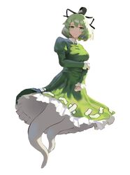  arm_under_breasts black_hat black_ribbon breasts dress female full_body ghost_tail green_dress green_eyes green_hair hat hat_ribbon highres juliet_sleeves light_blush light_frown long_sleeves looking_at_viewer medium_breasts petticoat puffy_sleeves ribbon short_hair simple_background sleeves_past_wrists soga_no_tojiko solo tate_eboshi teasmacker touhou white_background wing_collar 