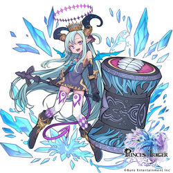  absurdres aqua_hair armor bare_shoulders black_footwear black_gloves blue_bow bow clenched_teeth copyright_name crown demon_wings elbow_gloves female gloves halo hammer highres holding holding_hammer holding_weapon horn_ornament horn_ring horns huge_weapon ice izayoi_cha mini_wings official_art open_mouth pointy_ears princess_trigger purple_eyes smile solo teeth thighhighs tongue upper_teeth_only vambraces water weapon white_background white_thighhighs wings 