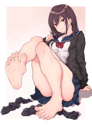  bare_legs barefoot batatata77 blue_skirt brown_hair feet feet_up female foot_focus foot_up foreshortening greek_toe highres legs long_hair looking_at_viewer no_shoes original pleated_skirt red_eyes sailor_collar school_uniform serafuku skirt soles solo sweater toes unworn_socks 