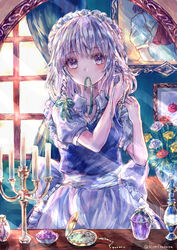  absurdres against_mirror alternate_eye_color apron artist_name blue_dress blush bottle bouquet bow braid braiding_hair candle candlestand cowboy_shot dress dressing female flower frilled_apron frills green_ribbons grey_hair hair_ribbon hairdressing headdress highres indoors izayoi_sakuya light_rays locker locker_room looking_at_mirror maid maid_headdress medium_hair mirror mouth_hold painting_(object) perfume_bottle picture_frame pocket_watch portrait_(object) puffy_short_sleeves puffy_sleeves purple_eyes reflection ribbon ribbon_in_mouth sash shirt short_sleeves solo suzushina table touhou twin_braids twitter_username unbuttoned unbuttoned_shirt vanity_table vase waist_apron watch white_apron white_bow white_sash white_shirt window 