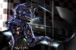  2015 ambiguous_gender animatronic anthro blue_body claws electricity five_nights_at_freddy&#039;s five_nights_at_freddy&#039;s_4 gear glistening glistening_body greenibr keyboard_instrument lagomorph leporid long_ears looking_at_viewer looking_back machine mammal musical_instrument nightmare_bonnie_(fnaf) open_mouth open_smile piano playing_music playing_piano rabbit robot scottgames sharp_teeth smile smoking solo sparks spikes steam suspension teeth whiskers white_eyes wire 