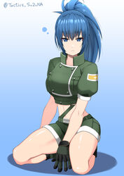  blue_eyes blue_hair crop_top female gloves green_jacket green_shorts highres jacket leona_heidern looking_at_viewer military military_uniform ponytail shorts simple_background solo squatting suspenders suzuna_(najaran) the_king_of_fighters the_king_of_fighters_xv twitter_username uniform 