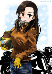  absurdres asymmetrical_bangs belt black_belt black_hair black_shirt blue_pants breath brown_eyes brown_jacket camouflage camouflage_headwear casual chi-hatan_(emblem) commentary cowboy_shot dated denim emblem female girls_und_panzer gloves helmet highres holding holding_helmet jacket jeans leather leather_jacket long_hair long_sleeves looking_at_viewer motor_vehicle motorcycle motorcycle_helmet nishi_kinuyo open_mouth oritako pants shirt smile solo standing straight_hair turtleneck yellow_gloves zipper 