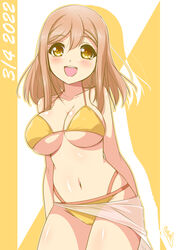  absurdres bikini birthday blush breasts brown_hair bunji collarbone commentary female highres kunikida_hanamaru large_breasts long_hair looking_at_viewer love_live! love_live!_sunshine!! navel shiny_skin sidelocks signature smile solo swimsuit symbol-only_commentary two-tone_background white_background yellow_background yellow_bikini yellow_eyes 