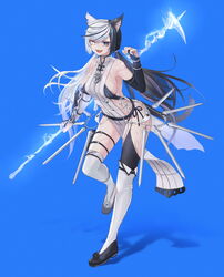  animal_ears asymmetrical_clothes bad_id bad_pixiv_id black_hair blue_background breasts bridal_gauntlets cat_ears clothes_between_thighs commentary_request earrings elbow_gloves fangs female full_body gloves heterochromia highres holding holding_weapon jewelry looking_at_viewer medium_breasts mihato_senba mismatched_animal_ear_colors multicolored_hair open_mouth original panties pelvic_curtain ponytail scar side-tie_panties sideboob sideless_outfit solo split-color_hair swept_bangs thigh_strap thighhighs two-tone_hair underwear weapon white_hair 