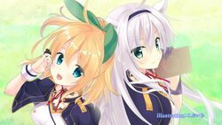  2girls :d ahoge alzano_school_uniform artist_name back-to-back blonde_hair blue_capelet blue_eyes blue_hairband blush book breasts capelet choker closed_mouth commentary_request end_card floating_hair from_above gloves grass green_eyes green_ribbons grey_gloves hair_between_eyes hair_ribbon hairband hand_up highres holding holding_book kobuichi long_hair looking_at_viewer looking_up medium_breasts medium_hair multiple_girls neck_ribbon official_art open_mouth ponytail red_ribbon ribbon rokudenashi_majutsu_koushi_to_akashic_record rumia_tingel school_uniform sistine_fibel smile upper_body very_long_hair white_hair white_ribbon wind wrist_cuffs 