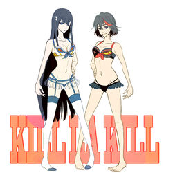  2girls adapted_costume atori_(aattrr) barefoot bikini black_hair blue_eyes breasts cleavage commentary_request copyright_name garter_belt hair_ornament hairclip hand_on_own_hip highleg highleg_bikini highleg_swimsuit junketsu kill_la_kill kiryuuin_satsuki matoi_ryuuko medium_breasts microskirt multicolored_hair multiple_girls navel see-through senketsu skirt streaked_hair swimsuit thighhighs white_legwear 