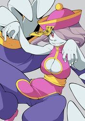  alternate_breast_size breasts chinese_clothes cleavage cleavage_cutout clothing_cutout commentary cosplay crossover curvy dress female grey_background hair_over_one_eye hat highres jiangshi_costume large_breasts lei_lei lei_lei_(cosplay) little_witch_academia ofuda outstretched_arms pale_skin pink_dress pink_footwear pink_hair pink_hat popopo red_eyes sharp_teeth simple_background smile solo sucy_manbavaran teeth vampire_(game) zombie_pose 