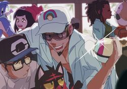  2boys 2girls :d bad_id bad_twitter_id black_hair brown_eyes brown_hair character_request closed_eyes colored_sclera commentary dark_skin dreadlocks elio_(pokemon) english_commentary glasses hat kukui_(pokemon) layeyes leaning_forward lens_flare litten multiple_boys multiple_girls open_clothes open_mouth open_shirt poke_ball pokemon pokemon_(creature) pokemon_sm ponytail popplio rowlet selene_(pokemon) shirt short_hair smile star-shaped_pupils star_(symbol) starter_pokemon_trio symbol-shaped_pupils v-shaped_eyebrows yellow_sclera 