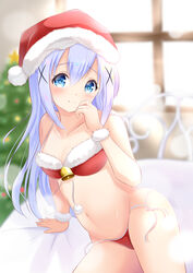  absurdres arm_support bare_shoulders bell bikini blue_eyes blue_hair blurry blurry_background blush breasts christmas closed_mouth collarbone commentary depth_of_field female fur-trimmed_bikini fur-trimmed_headwear fur_trim gochuumon_wa_usagi_desu_ka? hair_between_eyes hair_ornament hat head_tilt highres inahori kafuu_chino long_hair navel pom_pom_(clothes) red_bikini red_hat santa_bikini santa_costume santa_hat side-tie_bikini_bottom sidelocks small_breasts smile solo swimsuit untied_bikini x_hair_ornament 