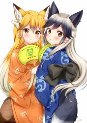  2girls animal_ears artist_name bico_(bicoris) black_hair blonde_hair blush brown_eyes brown_hair character_print closed_mouth commentary_request ezo_red_fox_(kemono_friends) fox_ears fox_tail grey_hair hair_between_eyes hand_fan head_tilt holding holding_fan japanese_clothes japari_symbol_print kemono_friends kerorin_(brand) kimono long_hair looking_at_viewer looking_back multicolored_hair multiple_girls obi parted_lips sash silver_fox_(kemono_friends) tail very_long_hair white_background 