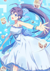  ahoge bare_shoulders blue_background blue_eyes blush bracelet breasts dress frills gradient gradient_background jewelry long_hair necklace open_mouth ponytail purple_hair ribbon ryuugajou_nanana ryuugajou_nanana_no_maizoukin 