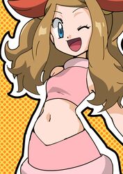  ;d blue_eyes brown_hair cosplay female fennekin fennekin_(cosplay) hainchu long_hair looking_at_viewer midriff navel one_eye_closed open_mouth pokemon pokemon_(anime) pokemon_xy_(anime) polka_dot polka_dot_background serena_(pokemon) smile 