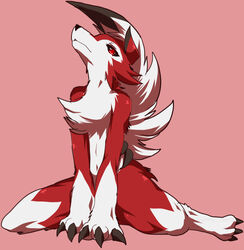  2016 anthro canid canine claws fangs female fur generation_7_pokemon lycanroc mammal midnight_lycanroc nintendo nude pokemon pokemon_(species) red_body red_fur ruri_tsubame simple_background solo teeth white_body white_fur 