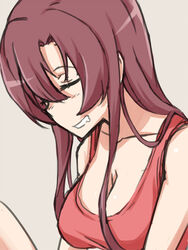  bare_shoulders breasts brown_background cleavage closed_eyes female grey_background long_hair maporo_shiki open_mouth red_hair ryuugajou_nanana_no_maizoukin saliva simple_background sleeping 