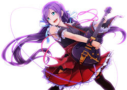  breasts commentary_request dararito detached_sleeves electric_guitar female green_eyes guitar instrument japanese_clothes long_hair love_live! love_live!_school_idol_project medium_breasts open_mouth purple_hair simple_background smile solo thighhighs tojo_nozomi twintails very_long_hair whammy_bar 