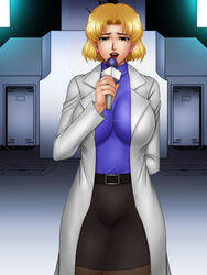  akagi_ritsuko arms_behind_back belt blonde_hair breasts earrings female green_eyes highres huge_breasts jewelry labcoat legs looking_at_viewer microphone mole neon_genesis_evangelion nightmare_express open_mouth pantyhose short_hair skirt solo standing thighs 