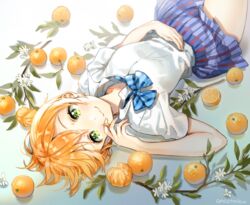  :3 ancotaku blue_bow blue_bowtie blue_skirt blush bow bowtie branch collared_shirt commentary_request female flower food fruit green_eyes hand_on_own_stomach hoshizora_rin loose_bowtie love_live! love_live!_school_idol_project lying on_back orange_(fruit) orange_blossoms orange_hair otonokizaka_school_uniform school_uniform shirt short_hair short_sleeves signature skirt smile solo striped_bow striped_bowtie striped_clothes striped_skirt summer_uniform twirling_hair white_flower white_shirt 