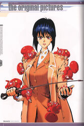  absurdres artbook blue_hair chibi coat cyborg female fingerless_gloves fuchikoma ghost_in_the_shell gloves highres kawamoto_toshihiro kusanagi_motoko lips looking_at_viewer mecha military military_uniform red_eyes robot short_hair uniform 